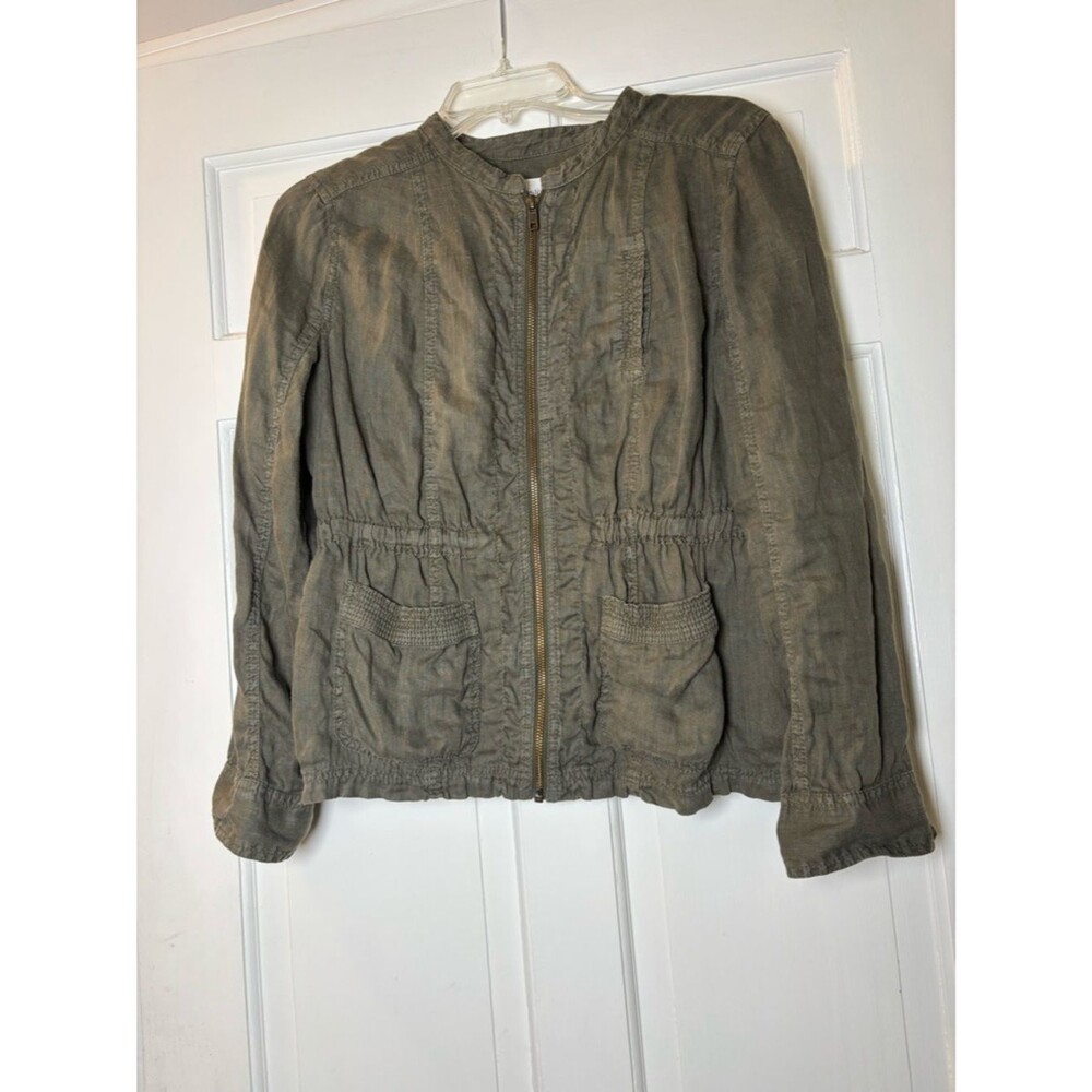 Caslon Olive Utility Zip Front Linen Jacket 2 Pockets Women MP Good Condition - Picture 2 of 7